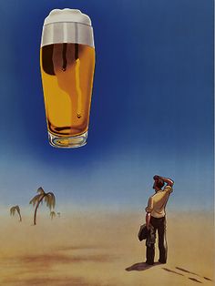 a man standing in the desert looking at a glass of beer that is floating above him