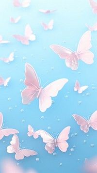 many pink butterflies flying in the air on a blue background with drops of water around them