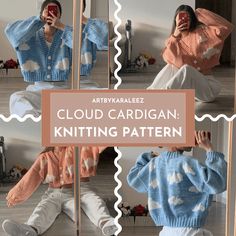 two women wearing knitted sweaters with clouds on them and text that reads cloud cardigan knitting pattern