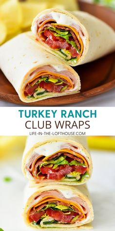 the turkey ranch club wraps are cut in half and stacked on top of each other