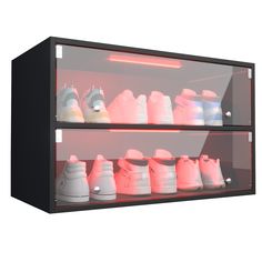 a display case filled with lots of different colored shoes on it's sides and bottom shelves