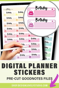 a digital planner sticker with the words happy birthday on it and a hand holding a marker