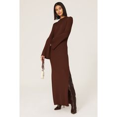 Brown rib knit (65% Rayon, 35% Nylon). Sweater sheath. Mock neck. Long sleeves. Pull-on. 54.5" from shoulder to hemline. Imported. Ribbed Brown Dress For Fall, Brown Ribbed Dress For Fall, Long Ribbed Sweater Dress For Fall, Ribbed Stretch Dresses For Fall, Stretch Ribbed Dresses For Fall, Elegant Brown Fitted Sweater Dress, Ribbed Sweater Dress For Evening In Winter, Chic Long Ribbed Sweater Dress, Ribbed Sweater Dress For Winter Evenings