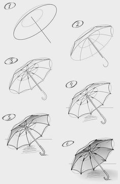 four different umbrellas are shown in the same drawing style, each with an upside down design