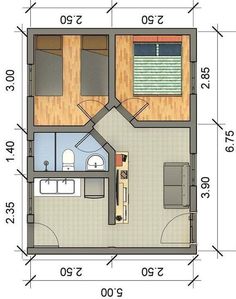 the floor plan for a small cabin with two beds and a loft on one side