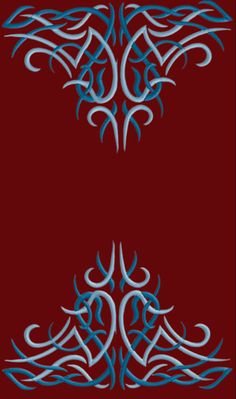 two blue and white designs on a red background