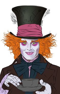 a drawing of a man with red hair wearing a top hat and holding a cup