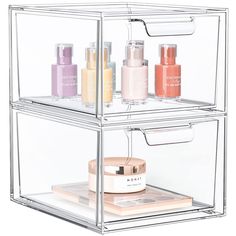 two clear shelves with different types of cosmetics