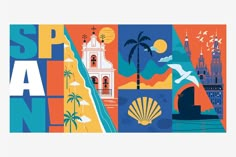 a poster with the words spa san written in different colors and shapes, including palm trees