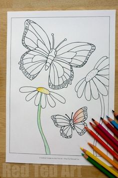 a coloring page with butterflies and flowers on it