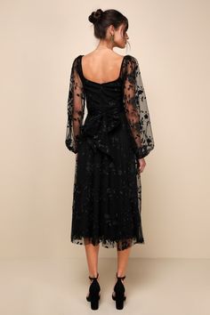 You'll twirl your way into everyone's heart in the Lulus Darling Charisma Black Mesh Embroidered Midi Dress! Elegant floral embroidered mesh shapes a sweetheart neckline (with hidden no-slip strips) and sheer, long balloon sleeves (with elasticized shoulders and cuffs) that can be styled on or off the shoulders. A tying sash belt punctuates the high waist that sits atop a flowy skater skirt that ends at a chic midi hem. Hidden back zipper/clasp. Fit: This garment fits true to size. Length: Mid-calf length. Size medium measures 48.5" from shoulder to hem. Bust: Great for any cup size. Waist: Fitted - very fitted at natural waist. Hip: Not Fitted - fuller skirt allows room for hips. Undergarments: May be worn with a strapless bra, adhesive bra, petals, or no bra. Fabric: Fabric has no stretc Gothic Wedding Outfit Guest, Black Dress With Belt, Fall Cocktail Dress, Midi Dress Floral, Embroidered Mesh Dress, Balloon Sleeve Dress, Lulu Fashion, Embroidered Midi Dress, Adhesive Bra