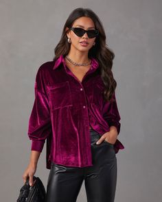 It feels like magic the way this top goes with everything. The Magical Wonder Velvet Button Down Top is made from a rich, velvet fabric that's thick but not too heavy. It's complete with bust pockets, drop shoulders and front button closures. Wear it to switch up your everyday, office look or take it to your next happy hour with edgy, faux leather bottoms. Relaxed fit Collared neckline Front button closures Bust pockets Velvet fabrication 95% Polyester 5% Spandex Runs Large Shirt Collar Styles, Velvet Sleeve, Velvet Shirt, Backless Maxi Dresses, Style Upgrade, Long Sleeve Knit Tops, Shirt Collar, Long Sleeve Casual, Women Long Sleeve