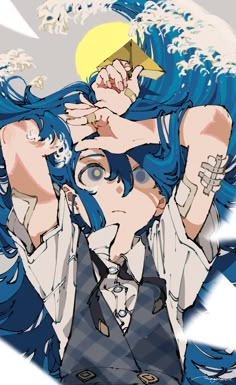 an anime character with blue hair holding his head