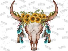 a cow skull with sunflowers and feathers on it's head is shown