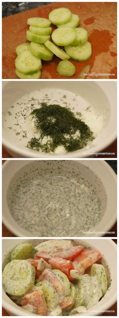 four pictures showing different types of food in bowls and on the same plate as cucumbers