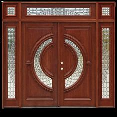 a wooden door with two glass panels on the front and side doors, both in dark wood