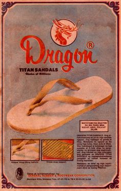 an advertisement for the dragon brand with sandals on it's bottom and side panels