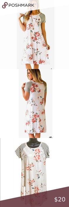 Olivia M. Floral Jersey Dress Rose Backdrop, Jersey Baseball, Striped Sleeve, Tee Dress, Jersey Dress, Grey Stripes, Baseball Tee, The Knee, Dress Shop