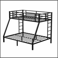 a black metal bunk bed frame with ladders on the top and bottom part, against a white background