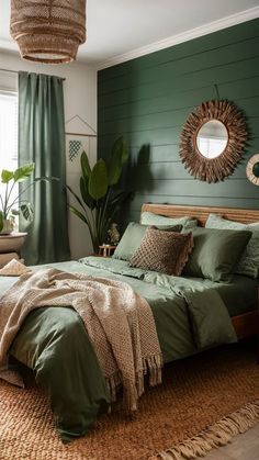 a bedroom with green walls and bedding in the center, plants on the wall