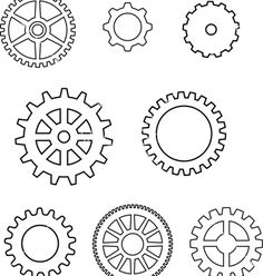 six gears are shown in black and white, each with different gear wheels on them