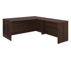 an l - shaped desk with dark wood finish, viewed from the front and side