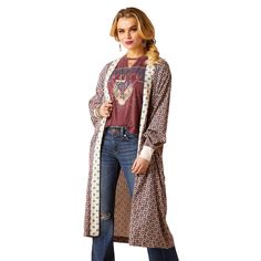 For everywhere and every wear, this lightweight layer brings a little color wherever it goes. We like ballooning the sleeves with the ribbed cuffs, and pairing it with our favorite t-shirt, denim, and booties. Mesquite Kimono Duster | Product Features : 0 : Allover print|Ribbed cuffs | Women's Mesquite Kimono Duster in Foulard 65% Rayon, 35% Viscose. Rayon blend. Imported, Size: S/M by Ariat Long Kimono Outfit With Dress, Long Kimono Outfit, Cute Blazers, Kimono Outfit, Kimono Duster, Viscose Rayon, Long Kimono, Oversized Cardigan, All Colors