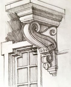 a drawing of a building with a clock on it's side and a window