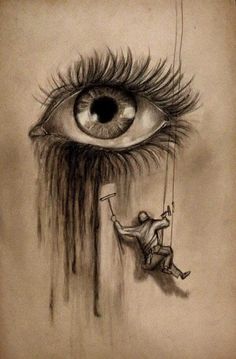 a drawing of a man hanging on to a rope with an eye in the background