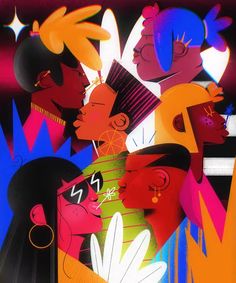 an abstract painting of people with different colored hair