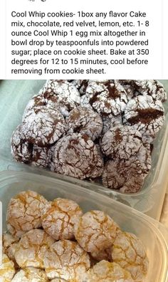 an image of some food in plastic containers on the table and one is filled with powdered sugar