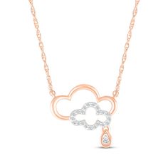 This diamond rain cloud necklace is full of silver linings. Crafted in 10K rose gold One cloud silhouette is lined with round-cut diamonds in white rhodium, while the larger one shines with a polished finish A diamond-touched raindrop dangles from the playful design Total diamond weight is 1/10 carat The pendant is centered on an 18-inch rope chain that secures with a spring ring clasp Cloud Silhouette, Cloud Necklace, Cloud Pendant, Elements Design, Silver Linings, Rain Cloud, Thai Art, Nature Inspired Jewelry, Inspired Jewelry