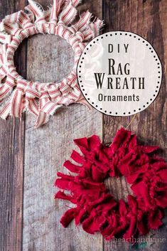 two red and white wreaths with the words diy rag wreath ornaments on them