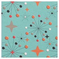 a blue background with orange and black stars on the bottom, and white dots in the middle