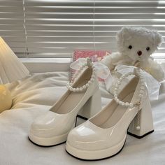 👠 Shoes 💜 sugarplum · y2k, coquette, egl, cosplay fashion and home decor store 💜 Powered by Storenvy Black And White High Heels, White High Heel Shoes, Y2k Coquette, Pretty Heels, Dr Shoes, Cute Shoes Heels, White High Heels, Fancy Shoes, Cute Heels