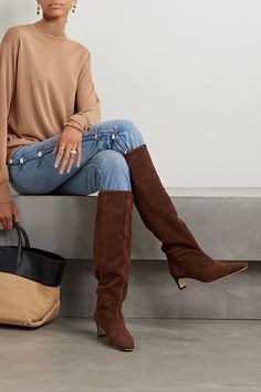 STAUD's 'Wally' knee boots are made from soft suede in a slouchy silhouette that bunches slightly at the ankle. They have pointed toes and slim 45mm heels. Suede High Boots Outfit, Heeled Brown Boots Outfit, Knee High Slouchy Boots Outfit, Winter Outfits Ankle Boots, Suede Knee High Boots Outfit, Brown Suede Boots Outfit, Camel Boots Outfit, Slouchy Boots Outfit, Tall Brown Boots Outfit