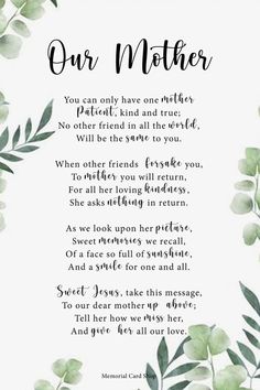 Our Mother Funeral Poem Print Download Celebration Of Life Poems, Mom In Heaven Quotes, Writing A Eulogy, Mom I Miss You, Sympathy Poems, Life Poems, Dad Poems, Comforting Words, Card Verses