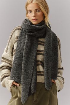 Our warmest wishes are equal parts cozy and chic. | Ribbed Scarf by Anthropologie in Grey, Women's, Polyester/Elastane Casual Soft Knit Scarf For Winter, Casual Soft Knit Scarves For Winter, Casual Soft Knit Winter Scarves, Casual Knit Winter Scarf, Cozy Solid Soft Knit Scarf, Casual Cable Knit Scarves For Winter, Casual Winter Cable Knit Scarves, Soft Knit Scarves For Cold Weather, Cold Weather Soft Knit Scarves