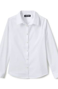 This shirt doesn't just keep her looking neat and well-dressed through the day, it also keeps her completely covered and confident thanks to innovative No Gape hidden-button feature that prevents gaping at the bust. The stretch fabric provides comfort that moves with her, and an easy-care finish keeps this shirt crisp after every wash. An ideal dress shirt for school days and special occasions. No Gape® hidden-button feature seamlessly designed in to prevent gaping at the bust, offering comp Classic Button-up Tops For School, White Shirt Uniform, Collared School Shirt With Buttons, White Cotton School Uniform Tops, White School Shirt With Button Closure, Rosalina Costume, White Collared T-shirt With Buttons, Campus Fashion, White Collar Shirt