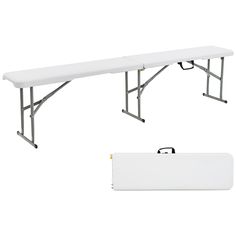 two white folding tables next to each other on top of a white board and carrying case