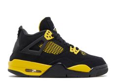 An all black sueded Jordan Retro 4 with thunder yellow contrasting pieces. Jordan 4 Retro Thunder, Cute Jordans, Jordan 4’s, Jordan Retro 4, Jordan 4s, Black Jordans, Jordan Shoes Retro, Flight Club, Retro 4