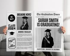 a woman in graduation gown holding up a newspaper with photos of her graduate and the caption breaking news