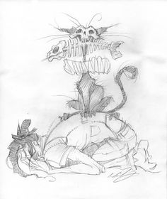 a pencil drawing of a cat sitting on top of a turtle with a skull in its mouth