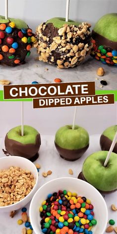 chocolate dipped apples are topped with candy and nuts