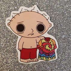 a sticker with an image of a little boy holding a bag and wearing shorts