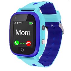 a blue smart watch with the words mom on it