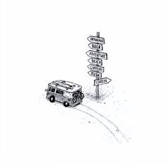 a drawing of a van driving down the road next to a signpost with directions