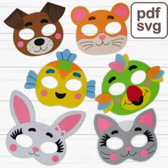 paper masks with different animals on them and the words's svg written in white