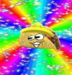 a rainbow colored background with an image of a burrito wearing a hat