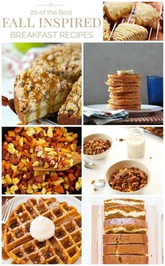 the collage shows different types of breakfast foods and desserts, including waffles